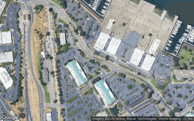 Aerial view of Marina Village Yacht Harbor marina in Alameda, CA